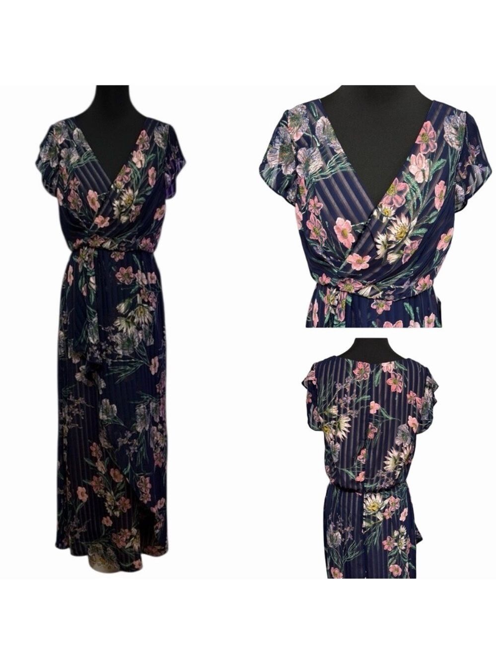 Kay Unger Size 12 Navy Floral Maxi Dress Formal Evening NWT Elegant $298 Retail